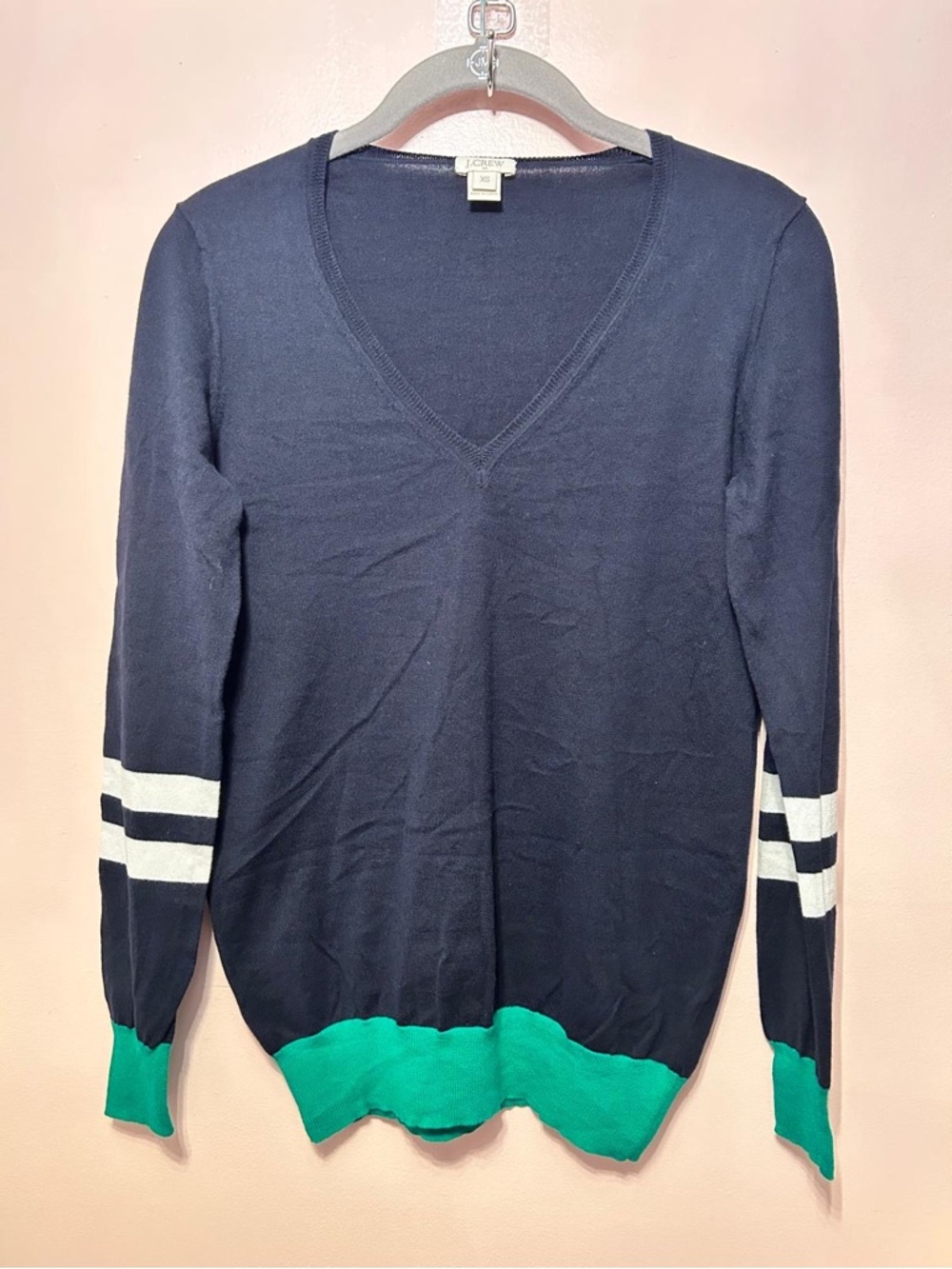 J. Crew Navy V-Neck Sweater with Green Hem and White Sleeve Stripes